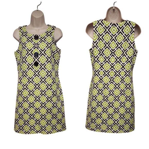 Michael Kors Classic Shift Dress Green Brown Geometric Print Pockets Size 8 - Picture 1 of 8